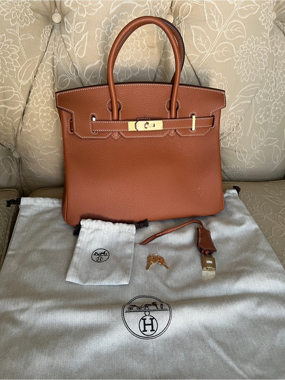 Hermès-Style Cognac Leather Top-Handle Tote Bag - Picture 1 of 9